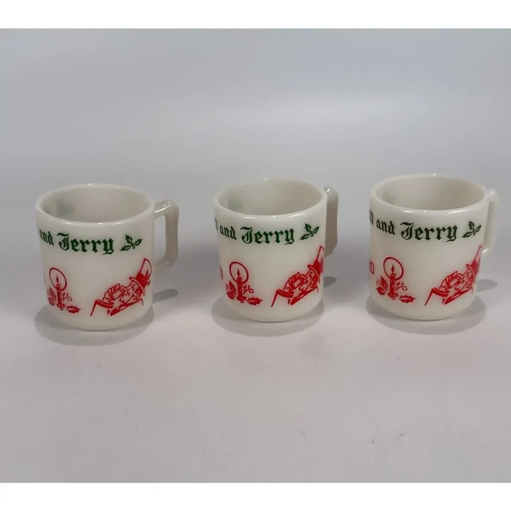 VTG Tom and Jerry Milk Glass Punch Bowl Set 5 Cups Hazel Atlas Christmas Cheers